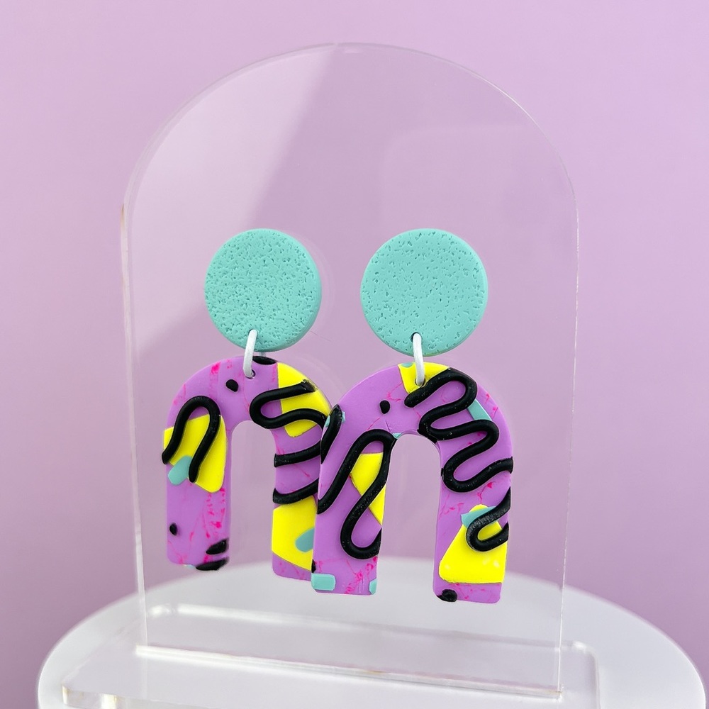 80s Memphis Style Pattern Polymer Clay Dangle Earrings Handmade Funky Re… - Picture 5 of 10